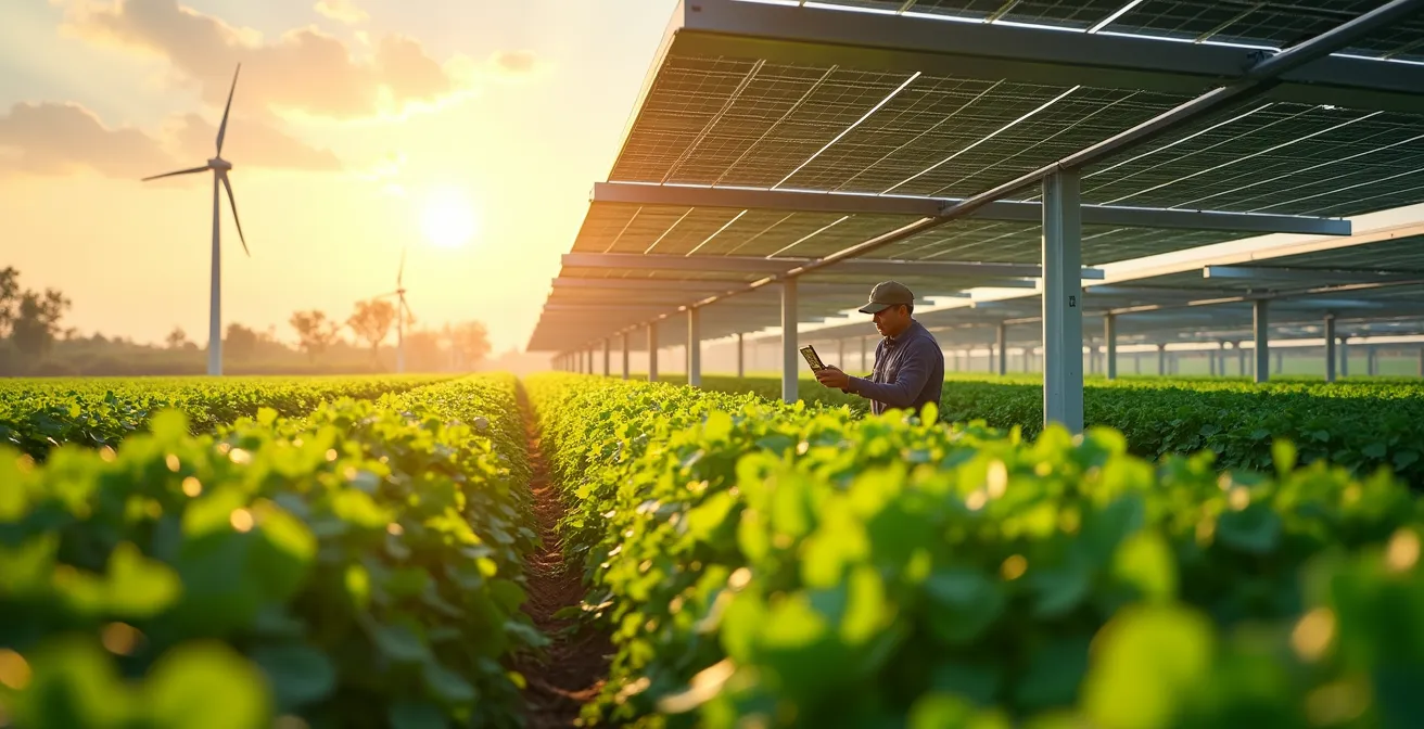 Panneaux solaires installés au-dessus de cultures agricoles, combinant production d'énergie et agriculture durable