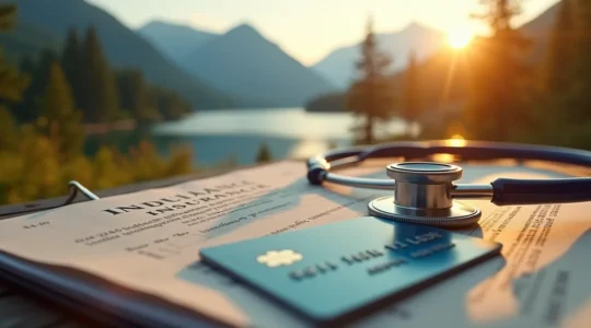 Voyageur avec documents d'assurance et carte d'immatriculation en fond de paysage québécois de montagne et lac