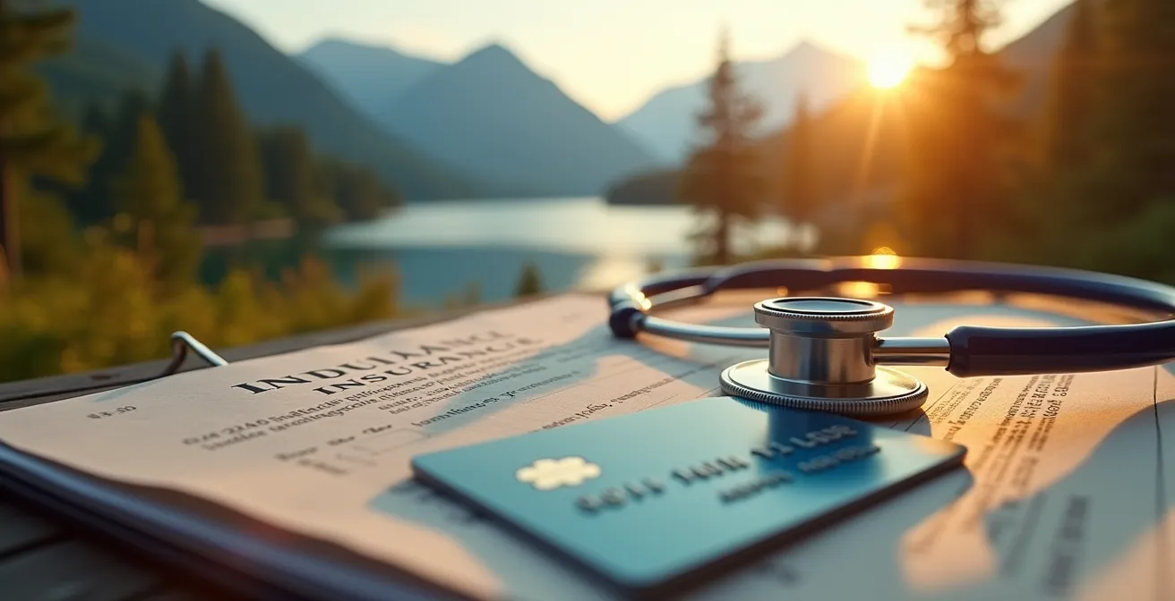 Voyageur avec documents d'assurance et carte d'immatriculation en fond de paysage québécois de montagne et lac