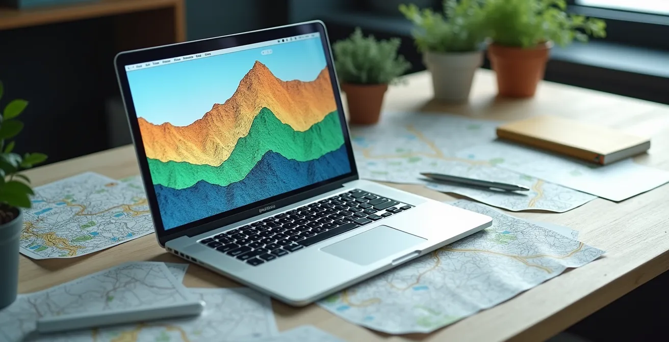 Superposition de calques numériques colorés représentant les différentes saisons et conditions routières du Québec sur une interface cartographique