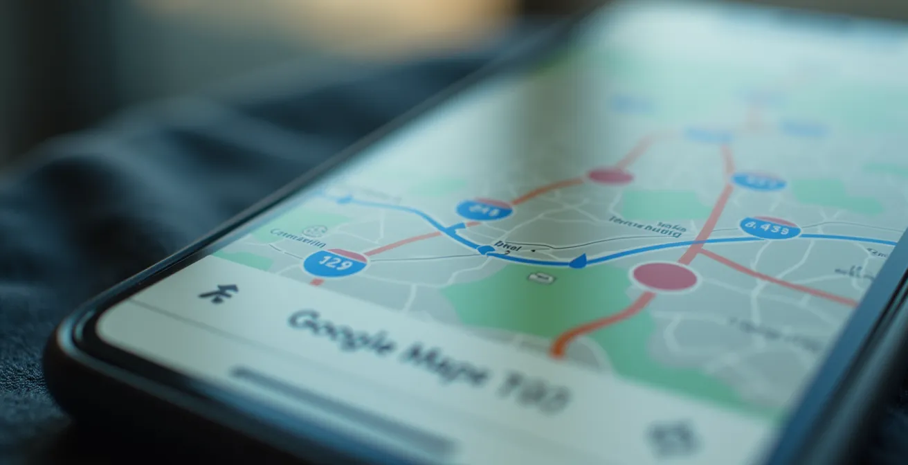 Interface de Google Maps affichant les routes du Québec avec des zones de travaux indiquées par des cônes orange
