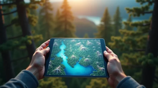 Vue aérienne d'une main tenant une carte numérique brillante du Québec sur fond de forêt boréale et de lacs bleus