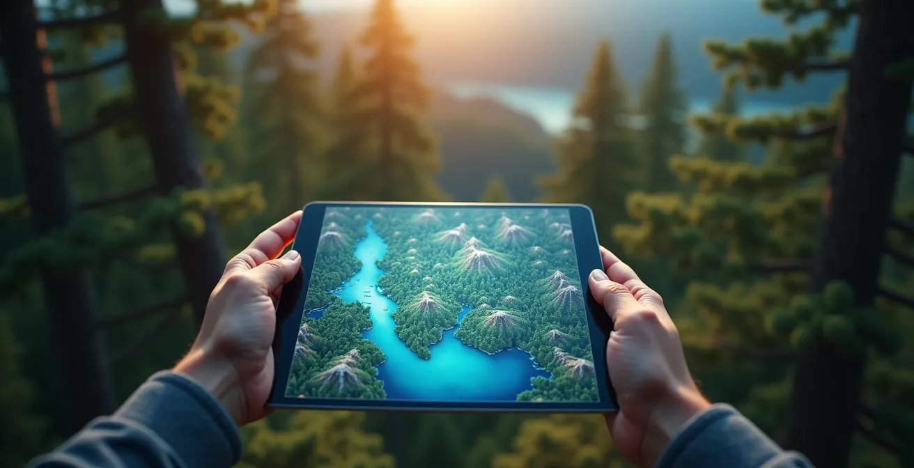 Vue aérienne d'une main tenant une carte numérique brillante du Québec sur fond de forêt boréale et de lacs bleus