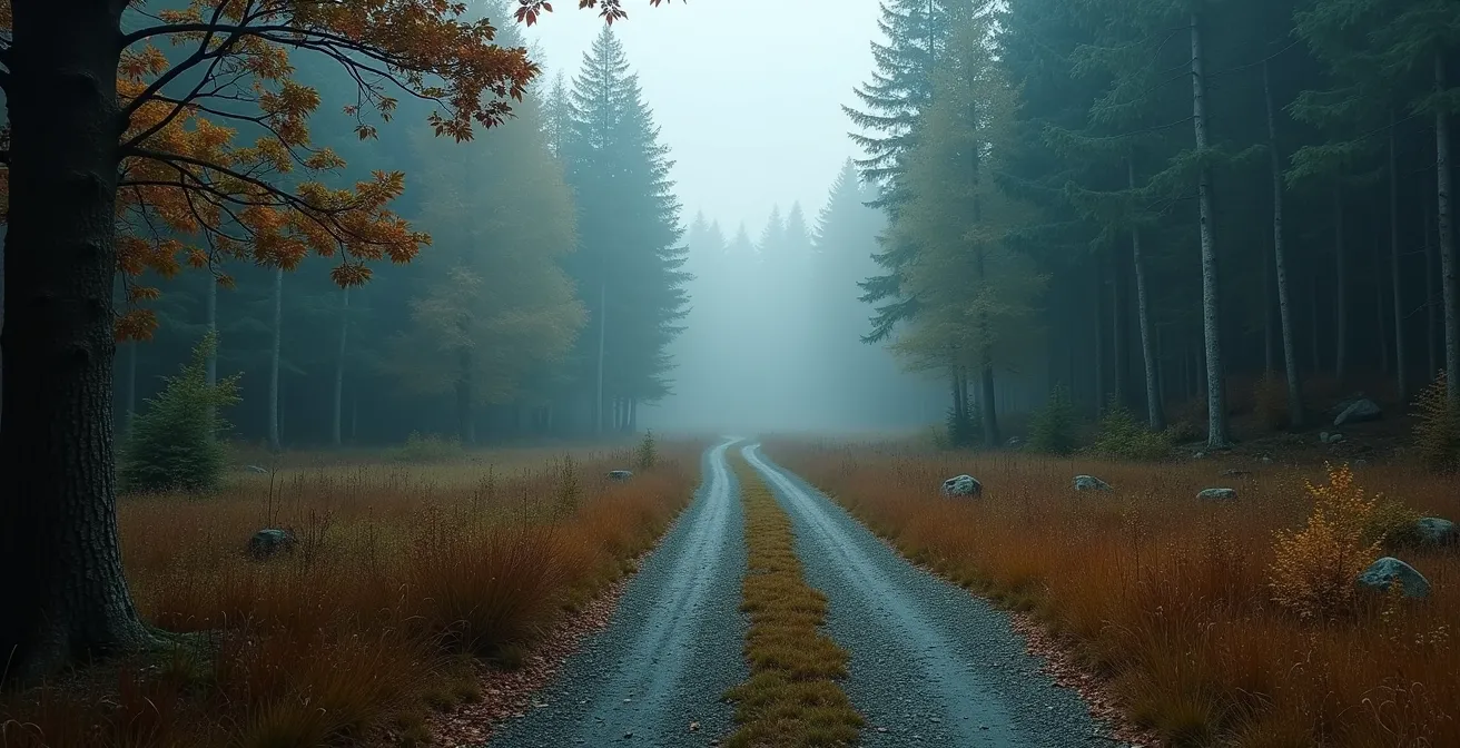 Deux chemins divergents en forêt québécoise: l'un menant vers vignes et restaurants, l'autre vers ruines historiques et sentiers balisés.