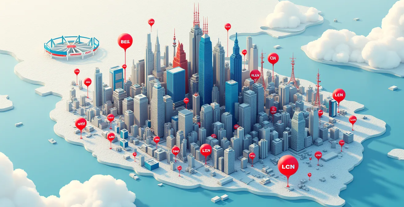 Cartographie visuelle montrant la concentration des propriétés médiatiques de Québecor et Bell au Québec, avec une dominance montréalaise.
