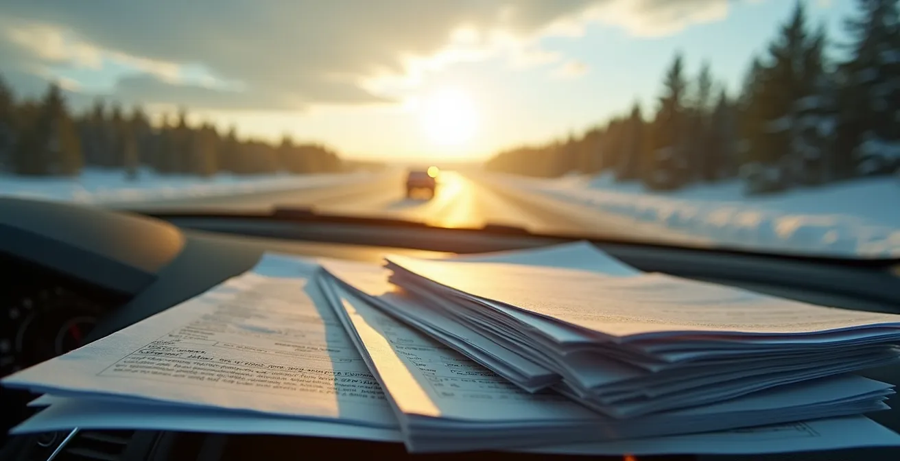 Gros plan sur les documents d'assurance automobile, permis de conduire international et contrat de location dans un tableau de bord de voiture de location québécoise