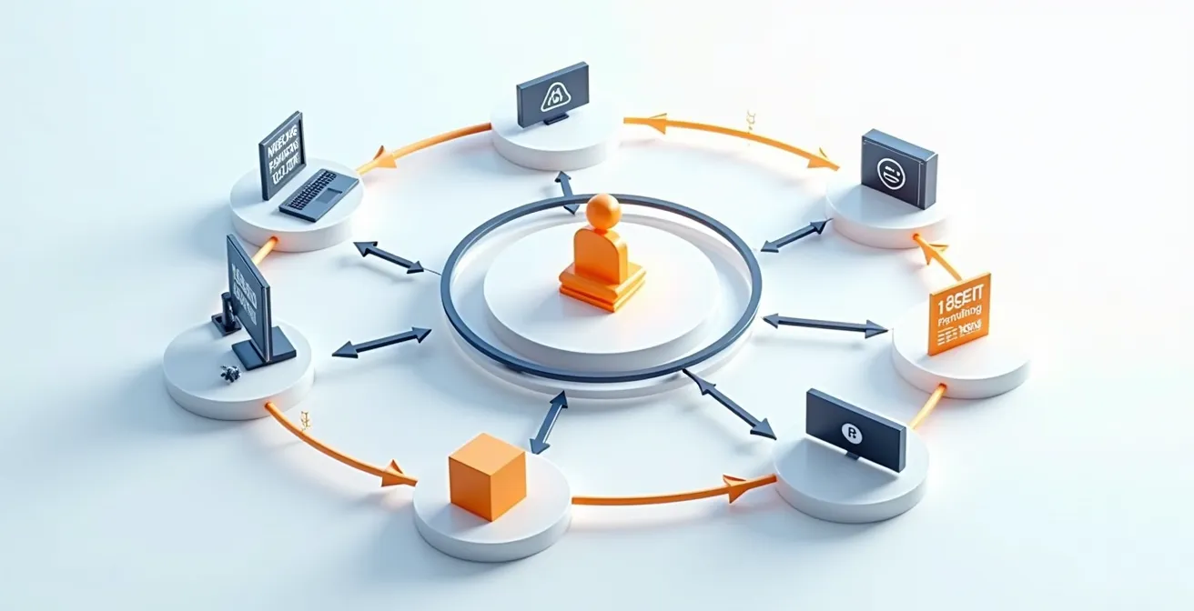 Diagramme montrant comment l'empire Québecor utilise la convergence pour créer un parcours client unique traversant télévision, journaux et services Internet