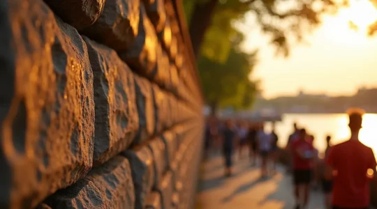 Scène de festival d'été au Québec avec spectateurs, murs de pierre historique et billets d'accès dispersés