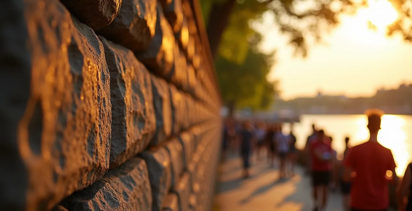 Scène de festival d'été au Québec avec spectateurs, murs de pierre historique et billets d'accès dispersés