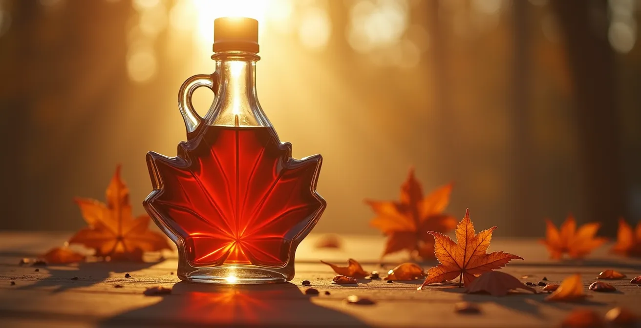 Photographie symbolique montrant des éléments culturels québécois comme les sacres, le sirop d'érable en bouteille, et une carte du Québec en arrière-plan