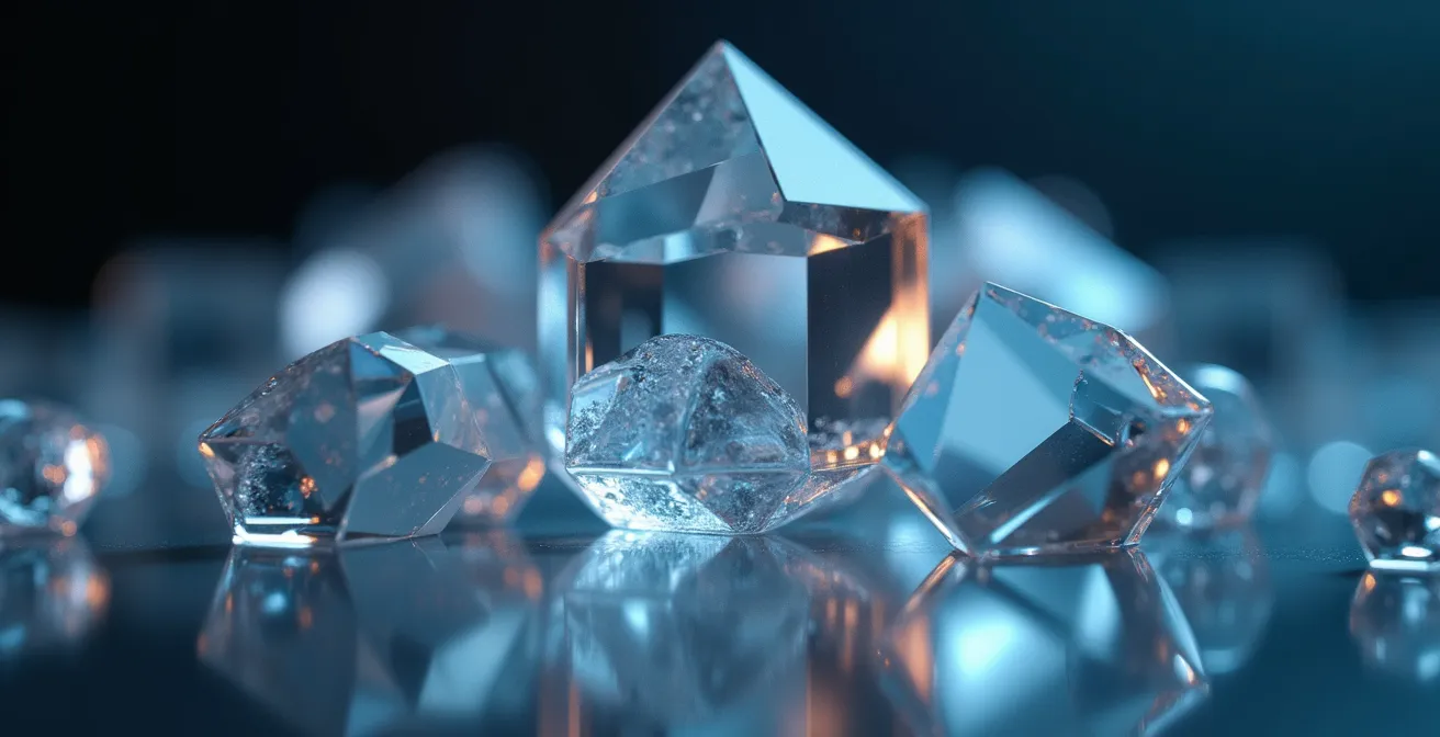 Un prisme en cristal décomposant un rayon lumineux en quatre couleurs, symbolisant les dimensions de l'analyse de l'information, sur un fond de bureau législatif québécois.