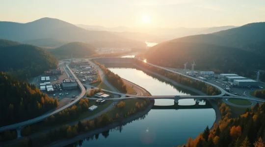 Illustration d'une économie moderne québécoise montrant l'hydroélectricité, l'aérospatiale et l'intelligence artificielle comme piliers économiques interconnectés