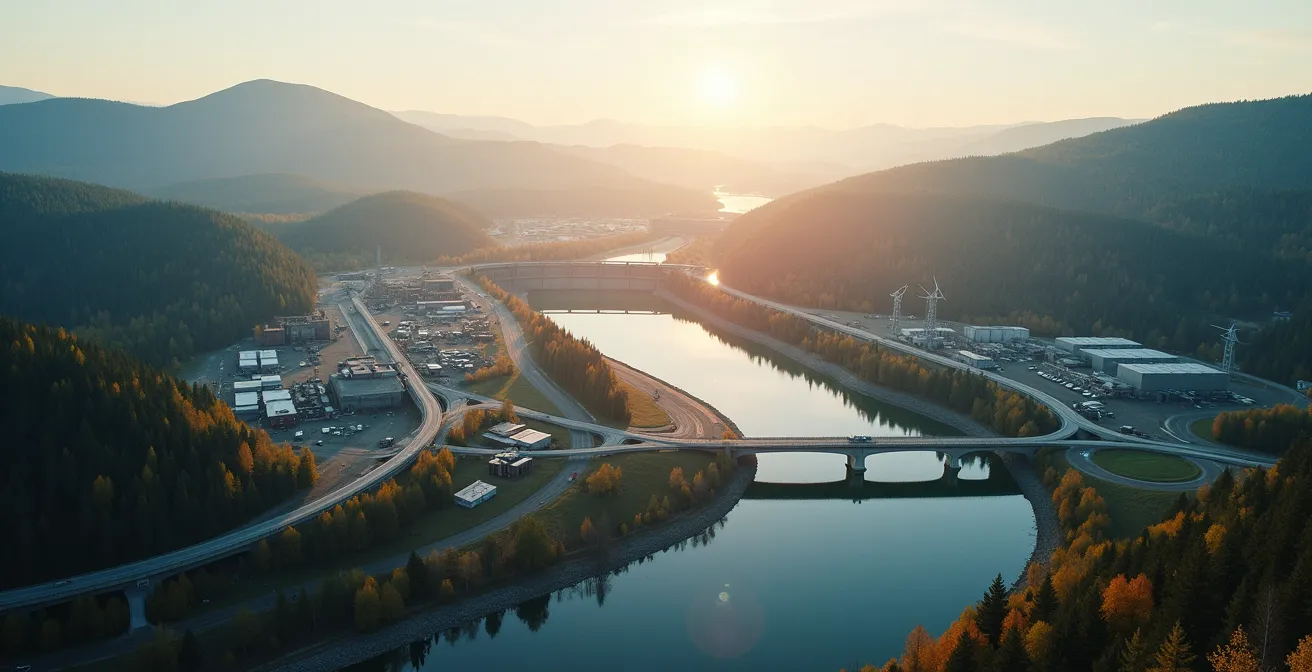 Illustration d'une économie moderne québécoise montrant l'hydroélectricité, l'aérospatiale et l'intelligence artificielle comme piliers économiques interconnectés
