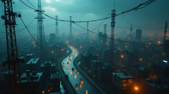 Illustration symbolique montrant l'interconnexion des empires médiatiques québécois avec des tours de télévision et des câbles de communication