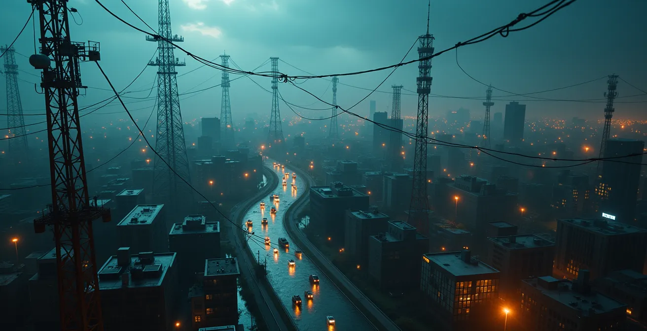 Illustration symbolique montrant l'interconnexion des empires médiatiques québécois avec des tours de télévision et des câbles de communication