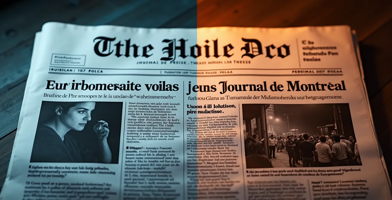 Comparaison visuelle d'une même nouvelle traitée différemment par deux journaux, montrant comment les cadres narratifs, photos et citations divergent