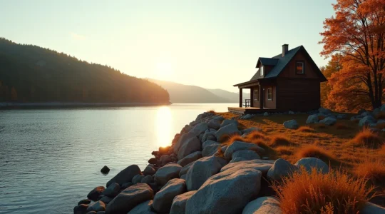 Photographie éditoriale d'un chalet québécois isolé surplombant un lac cristallin aux couleurs d'automne, avec sapins et montagnes en arrière-plan, lumière dorée de fin d'après-midi.