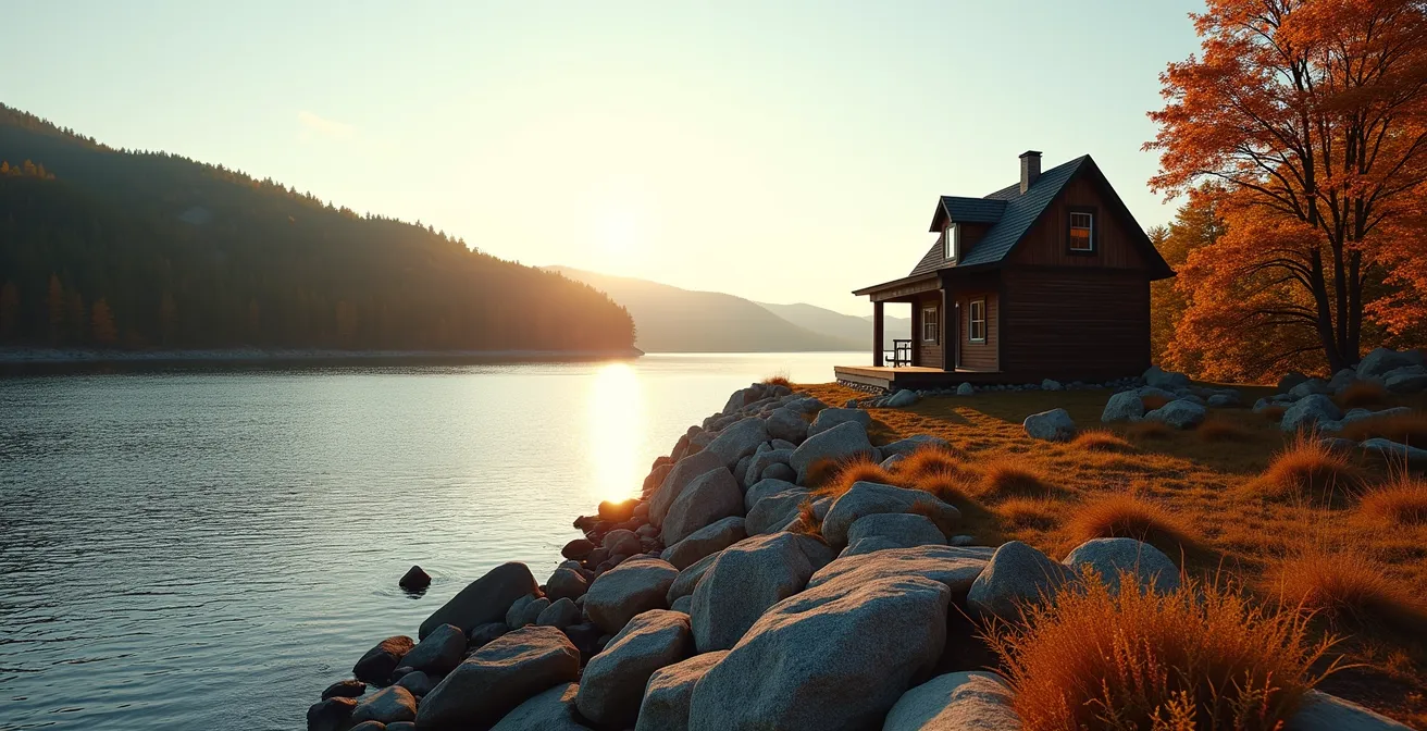 Photographie éditoriale d'un chalet québécois isolé surplombant un lac cristallin aux couleurs d'automne, avec sapins et montagnes en arrière-plan, lumière dorée de fin d'après-midi.