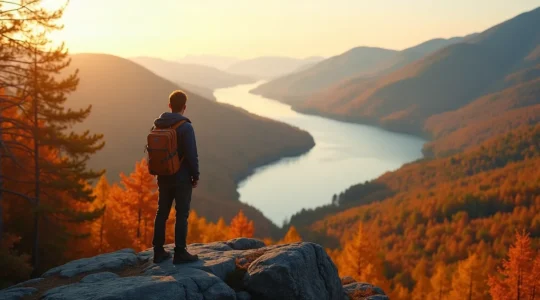 Voyageur solitaire contemplant un paysage montagneux du Québec avec fleuve Saint-Laurent en arrière-plan, couleurs automnales éclatantes.