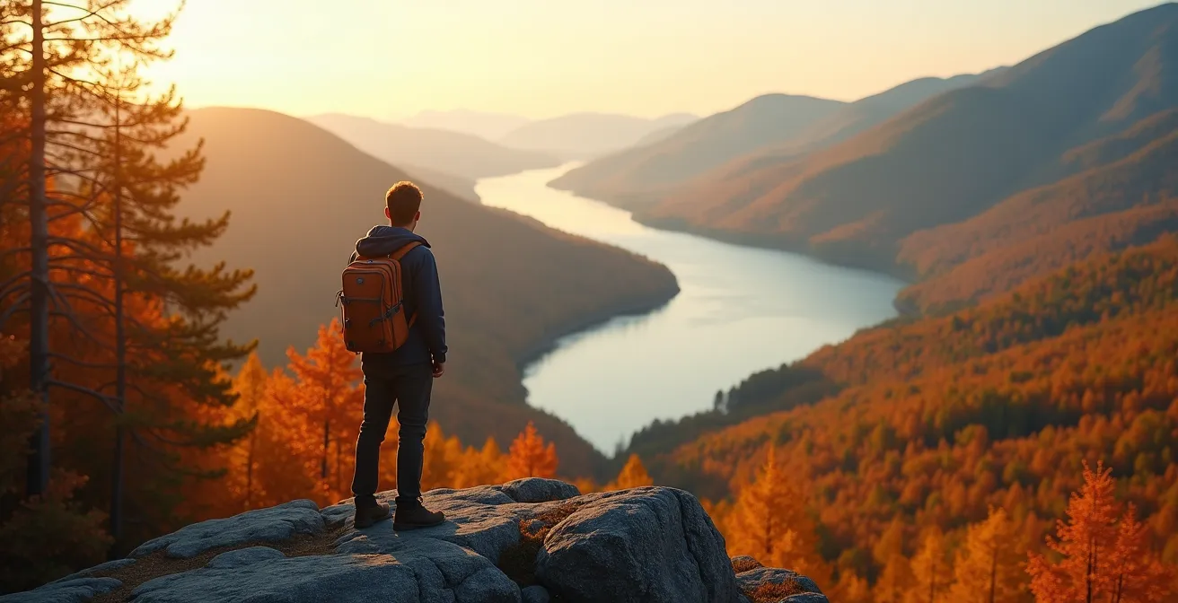 Voyageur solitaire contemplant un paysage montagneux du Québec avec fleuve Saint-Laurent en arrière-plan, couleurs automnales éclatantes.