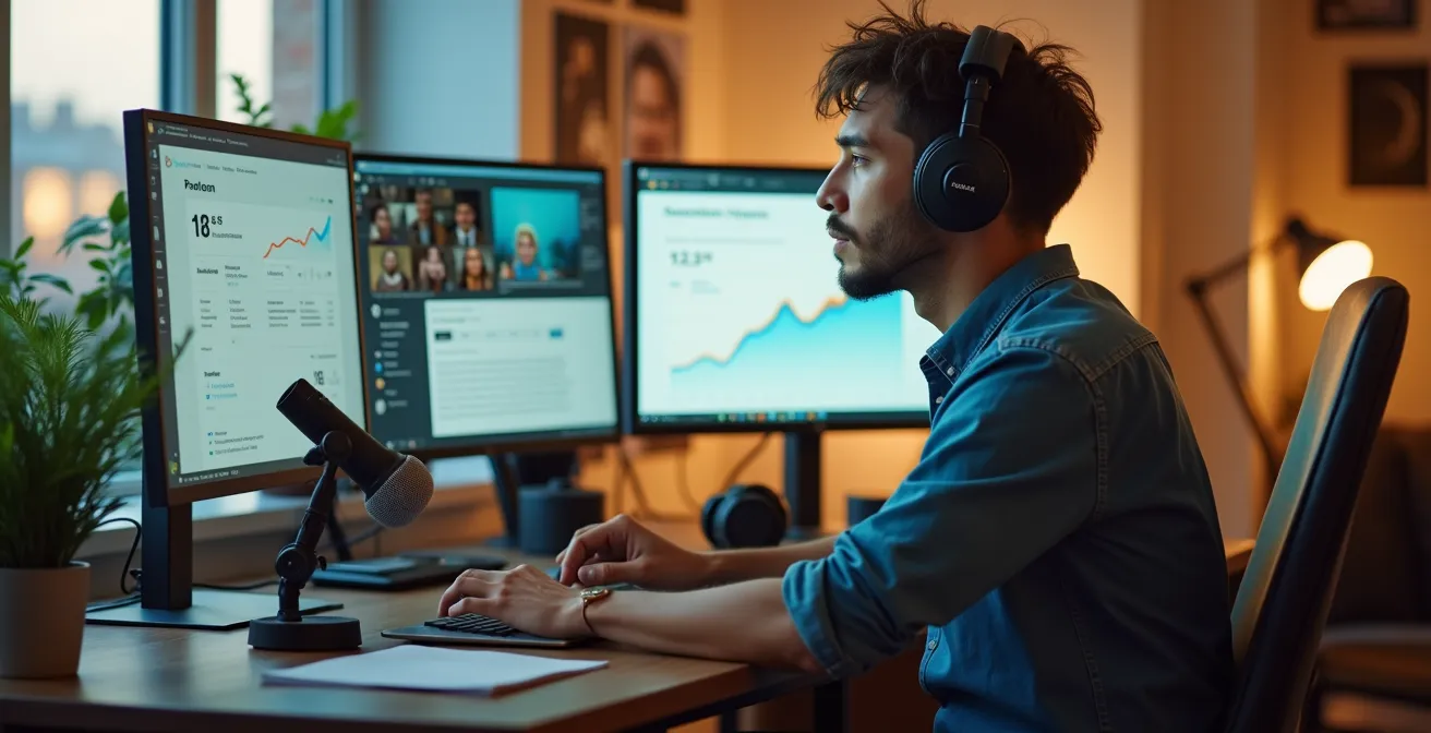 Illustration montrant un journaliste-créateur utilisant simultanément Substack, Patreon et des plateformes de podcast pour bâtir une audience fidèle directement.