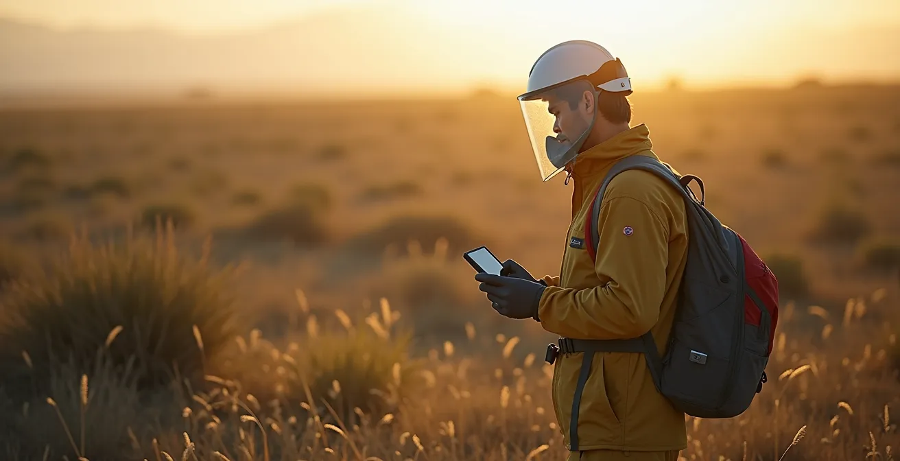 Journaliste environnemental documentant l'impact écologique et social complexe des feux de forêt, symbole de l'expertise requise pour comprendre les enjeux