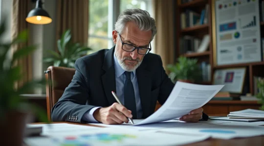 Journaliste expert en pleine enquête analysant documents et données, symbole du travail rigoureux derrière l'information fiable