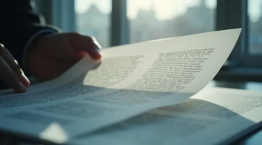 Une main qui soulève un voile transparent révélant des couches cachées d'information, symbolisant la recherche de vérité au-delà de l'apparence. Composition minimale avec bokeh subtil. Montréal urbain en arrière-plan flou.