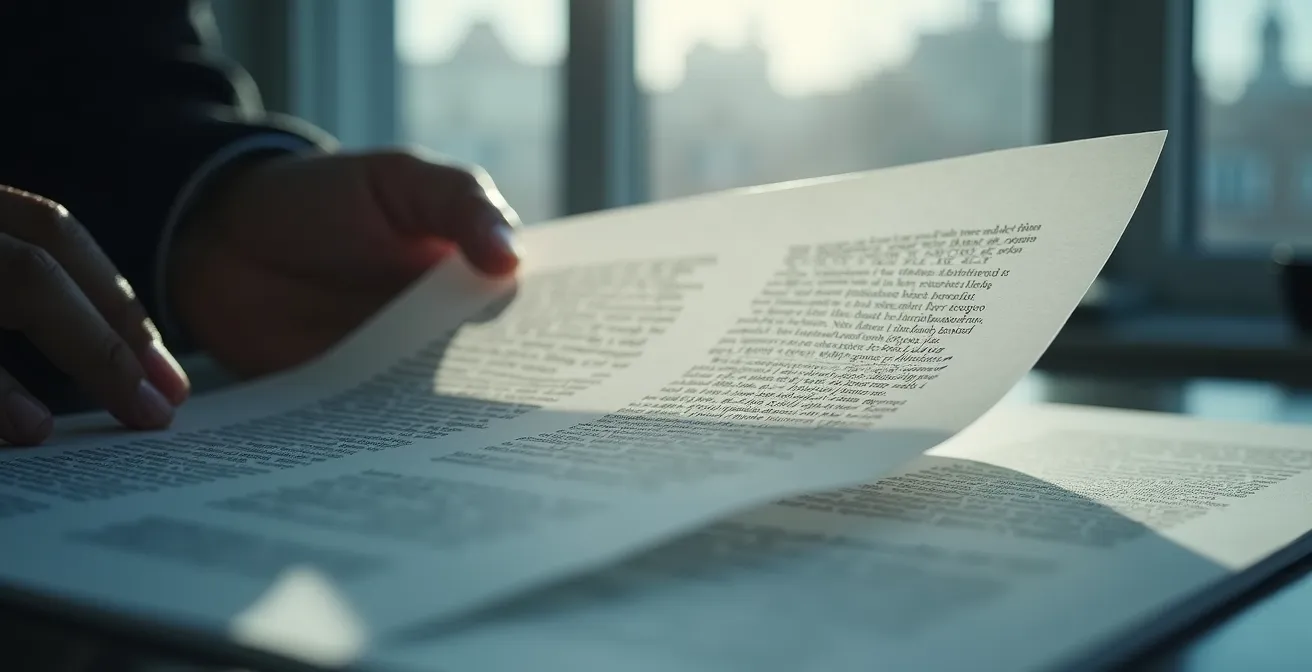 Une main qui soulève un voile transparent révélant des couches cachées d'information, symbolisant la recherche de vérité au-delà de l'apparence. Composition minimale avec bokeh subtil. Montréal urbain en arrière-plan flou.