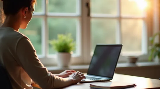Une personne lisant les informations sur une tablette numérique dans un environnement calme et organisé, avec des sources d'information visibles en arrière-plan.