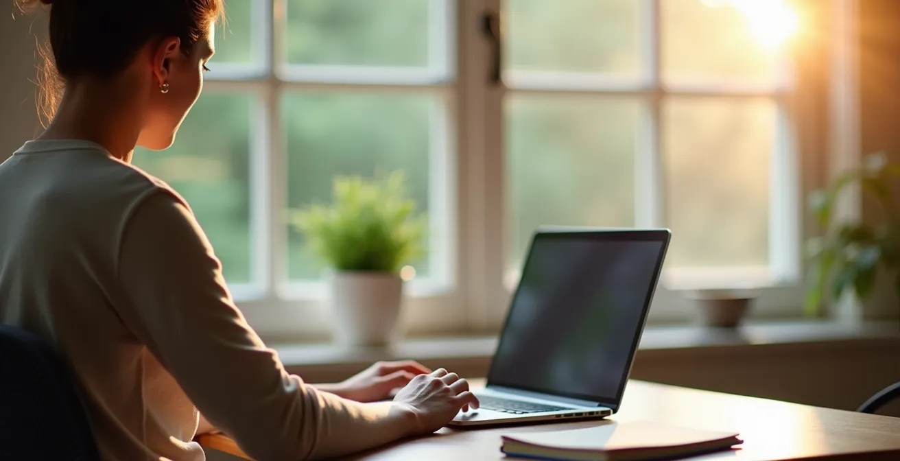 Une personne lisant les informations sur une tablette numérique dans un environnement calme et organisé, avec des sources d'information visibles en arrière-plan.