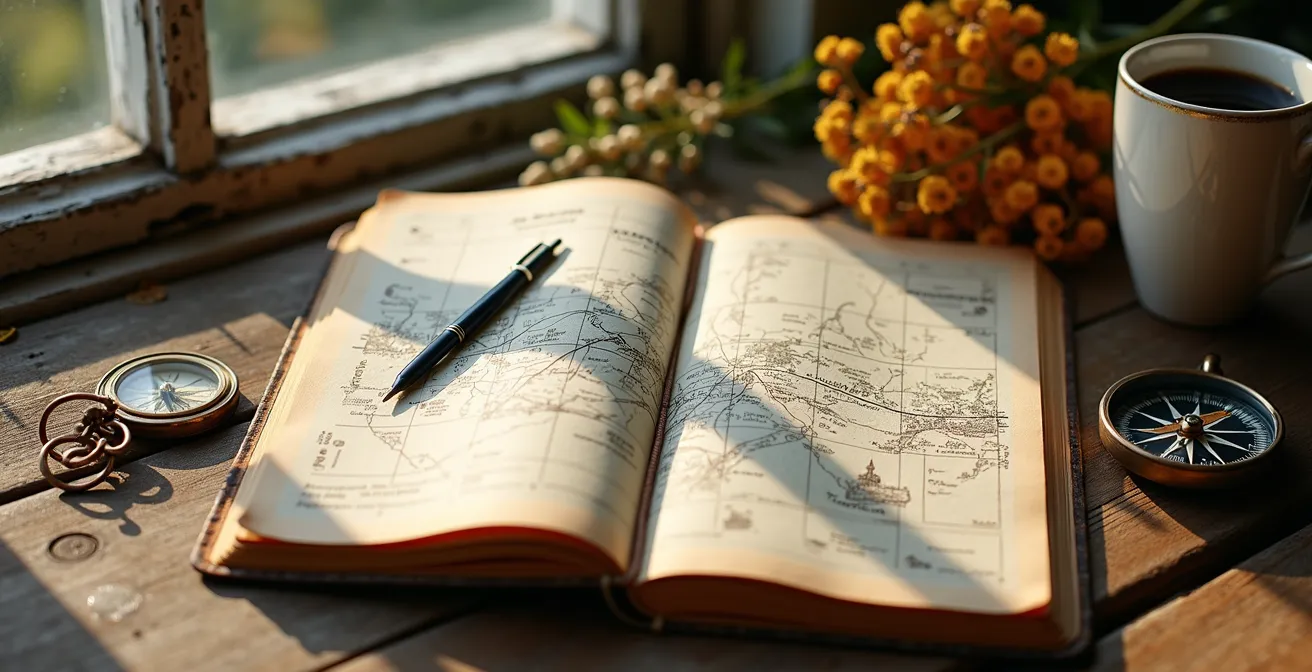 Carnet de voyage ouvert avec itinéraire dessiné, symboles de flexibilité (spirales, chemins non-marqués) entrelacés avec des piliers solides (monuments, points d'intérêt).