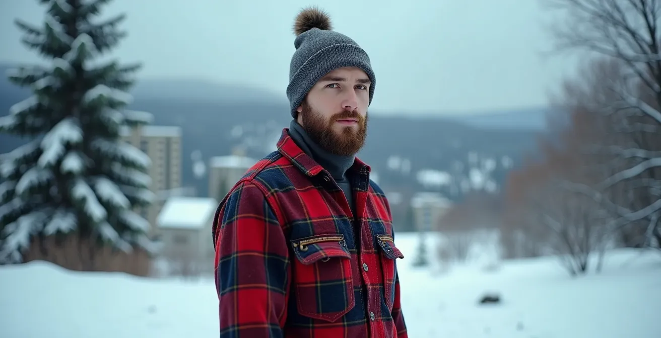 Personnage portant chemise à carreaux rouge traditionnelle, tuque, dans environnement montagneux québécois hivernal, style workwear authentique transformé en chic urbain