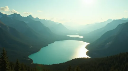 Vue aérienne d'une vallée glaciaire québécoise avec forêts dense, lacs cristallins et chaînes de montagnes sous le ciel dégagé