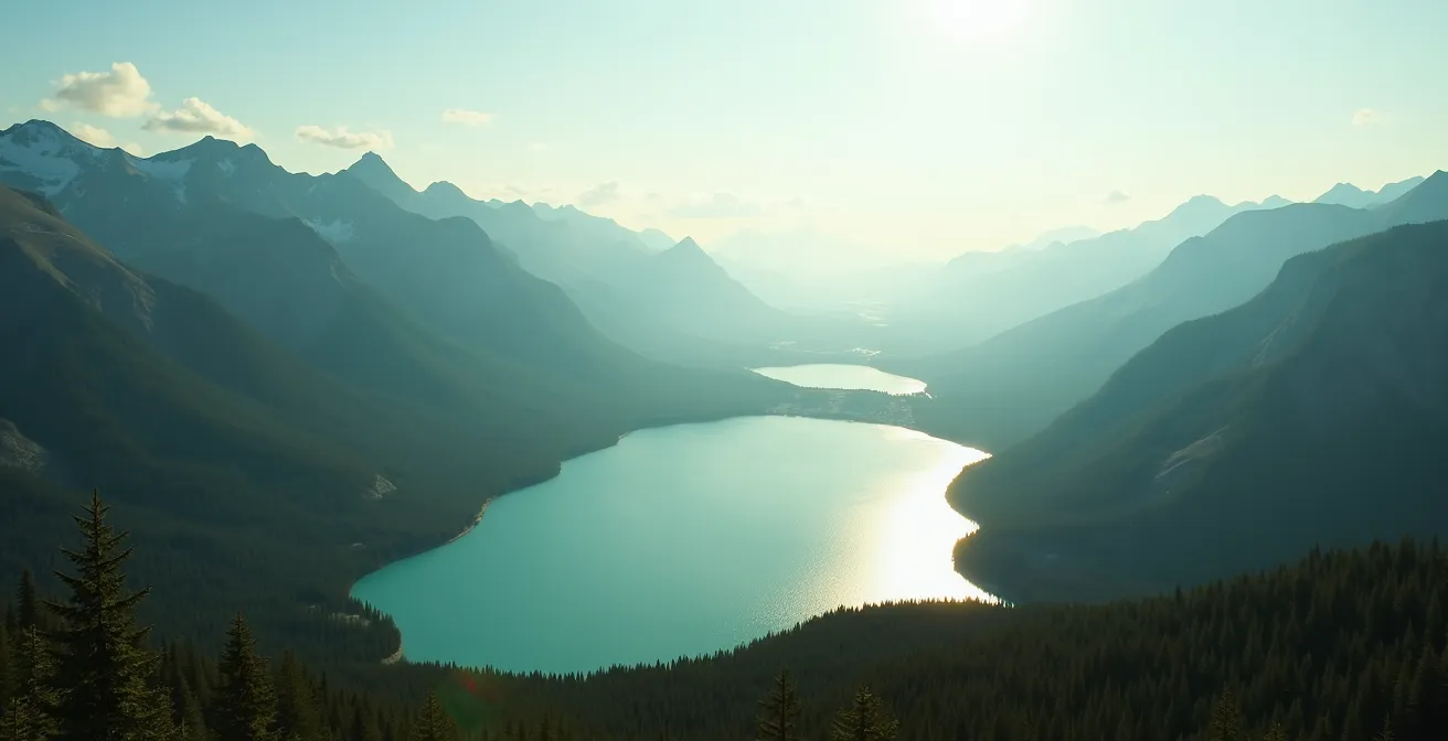 Vue aérienne d'une vallée glaciaire québécoise avec forêts dense, lacs cristallins et chaînes de montagnes sous le ciel dégagé