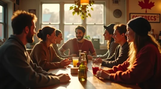 Scène de vie québécoise: groupe diverse autour table conviviale, éléments culturels québécois visibles, atmosphère chaleureuse et authentique