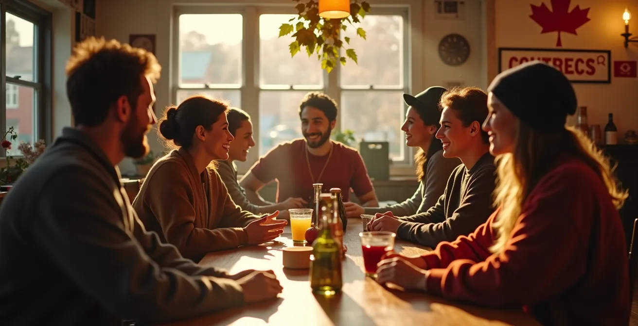 Scène de vie québécoise: groupe diverse autour table conviviale, éléments culturels québécois visibles, atmosphère chaleureuse et authentique