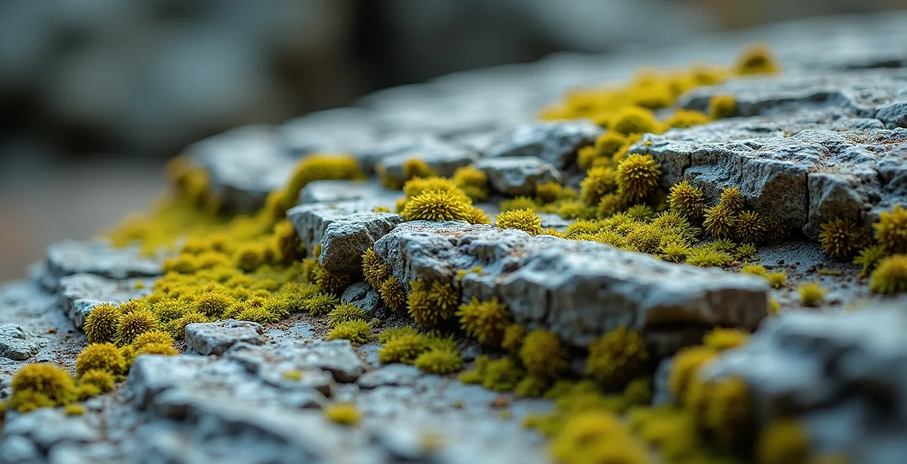 Gros plan texturé d'une formation rocheuse striée avec mousse et lichens colorés, montrant les cycles géologiques et la microvie