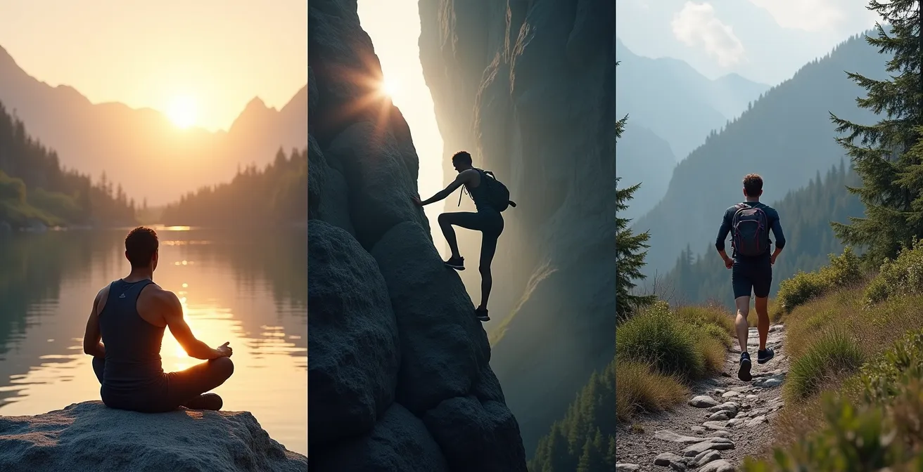 Trois silhouettes de voyageurs différents dans des environnements naturels distincts : contemplatif au bord d'un lac calme, aventurier escaladant une paroi rocheuse, sportif en trail running montagneux