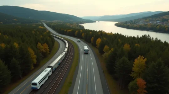 Vue aérienne d'une route sinueuse au Québec avec train VIA Rail, autobus Orléans Express et voiture location, fleuve Saint-Laurent en arrière-plan