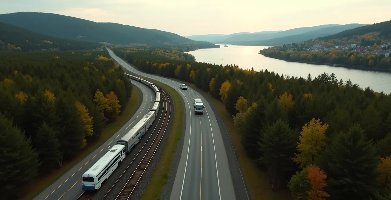 Vue aérienne d'une route sinueuse au Québec avec train VIA Rail, autobus Orléans Express et voiture location, fleuve Saint-Laurent en arrière-plan