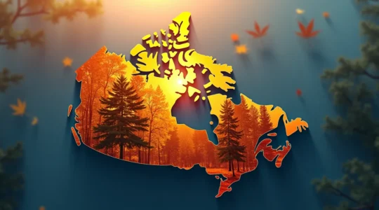 Bannière symbolique montrant une carte stylisée du Québec intégrée à des éléments culturels emblématiques comme le sirop d'érable, les sacres et les saisons