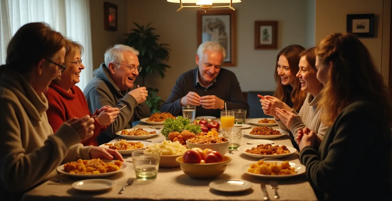 Scène de potluck québécois: table commune remplie de plats variés, groupe de gens de tous âges autour, moment d'entraide communautaire convivial et joyeux