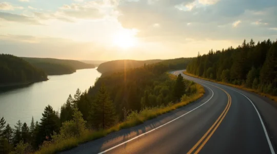 Route panoramique longeant le fleuve Saint-Laurent au Québec avec forêt boréale et ciel dramatique