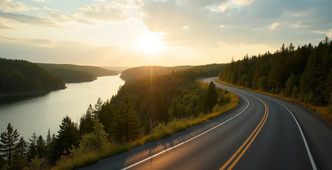 Route panoramique longeant le fleuve Saint-Laurent au Québec avec forêt boréale et ciel dramatique