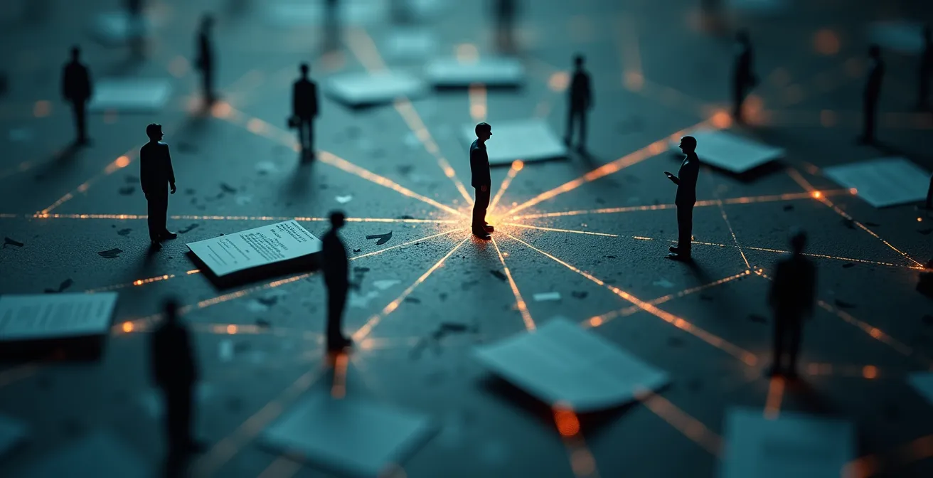 Réseau interconnecté de personnes et d'organisations montrant comment les sources journalistiques se construisent progressivement dans les enquêtes de long terme.