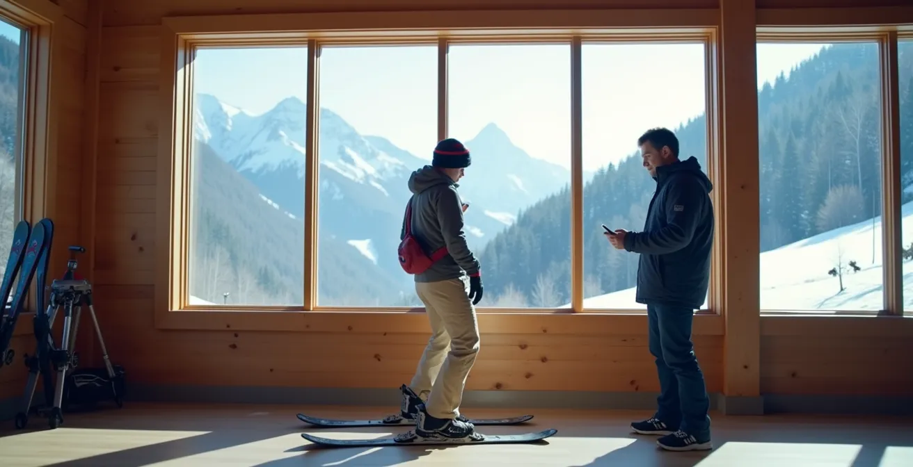 Skieur analysant sa technique sur écran avec son coach dans un chalet au pied des pistes enneigées du Québec.