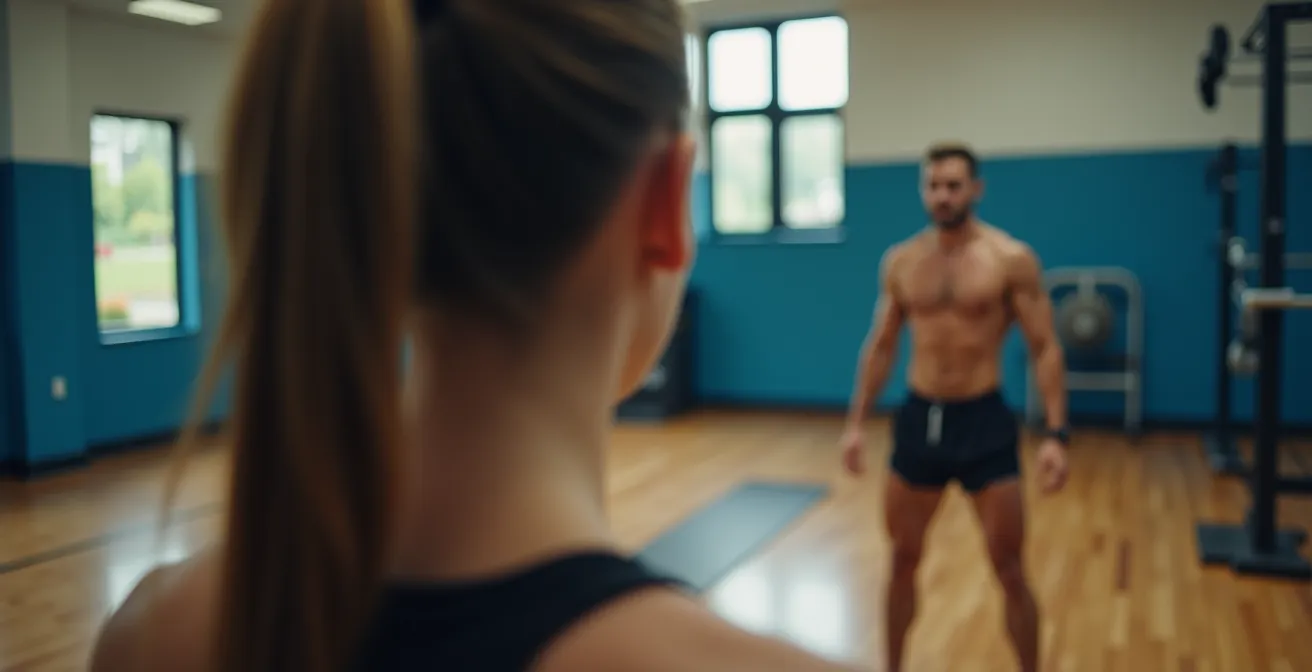 Athlète de dos regardant son reflet flou dans un miroir de salle d'entraînement