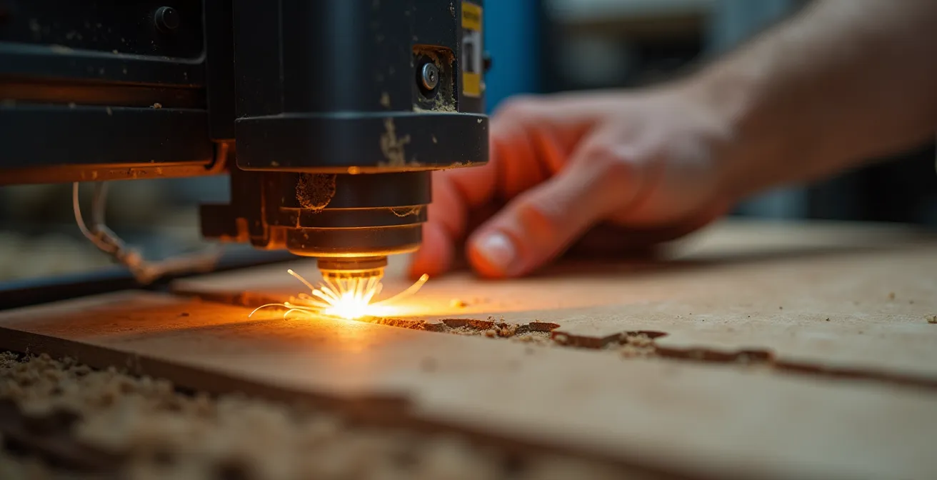 Macro détaillée d'une main utilisant une découpe laser sur du bois d'érable