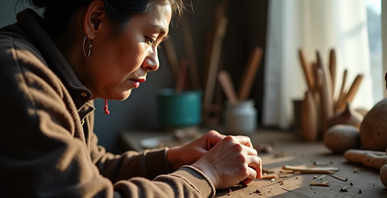 Artiste autochtone québécois créant une œuvre contemporaine dans son atelier